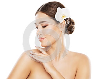 Woman Beauty Skin Care, Hand on Shoulder, Model White Isolated