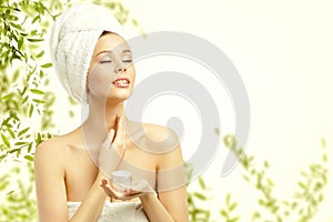 Woman Beauty Skin Care, Model Applying Moisturizer to Neck