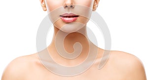 Woman Beauty Skin Care, Model Face Lips Neck and Shoulders on White photo