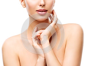 Woman Beauty Skin Care, Model Touching Neck, Face Skincare on white