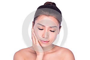 Woman beauty skincare woman touching skin on face