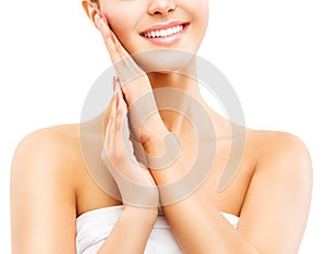 Woman Beauty Smile, Beautiful Smiling Girl Touching Face Skin by Hand on white