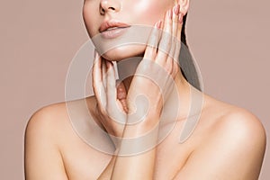 Woman Beauty Treatment, Model Touching Perfect Clear Face Skin, Beautiful Girl Makeup Close up, Skincare photo