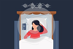 Woman in bed listen audio chat conversation in clubhouse app concept.