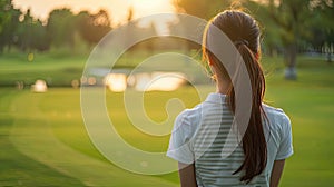 Woman from behind looking at a sunset over a golf course.