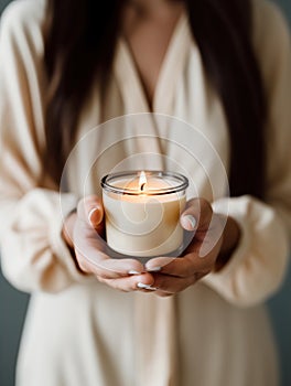 Woman in beige dress holding burning candle, design and branding ready candle jar mockup with female hands, no face
