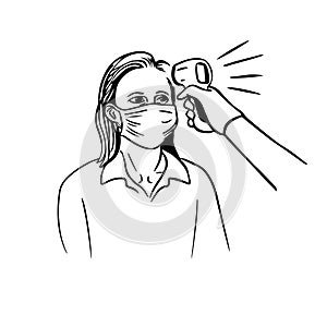 Woman is being checked for body temperature with a thermometer infrared vector illustration