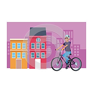 Woman with bicicle cityscape photo