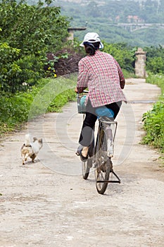 Woman on Bicycle with Dog