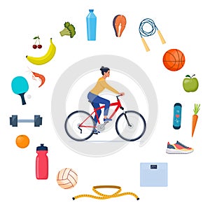 Woman on bicycle. Girl does sports. Icons of healthy food, vegetables and sports equipment for different sports around her.