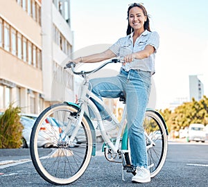 Woman, bicycle and smile for travel in the city, streets of a student relaxing in the outdoors. Portrait of a happy