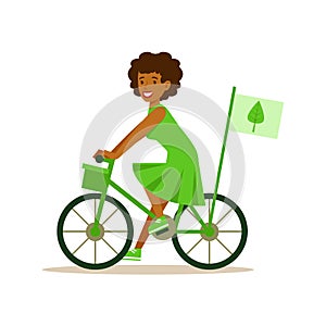 Woman On Bicycle Using Green Transportation , Contributing Into Environment Preservation By Using Eco-Friendly Ways