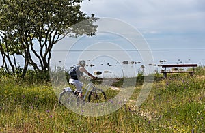 Woman bicycling on the sea shore