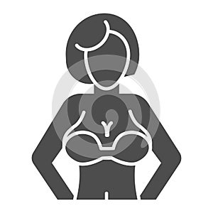 Woman with big breasts solid icon. Female figure glyph style pictogram on white background. Woman breast in a bra for