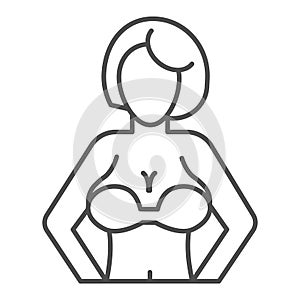 Woman with big breasts thin line icon. Female figure outline style pictogram on white background. Woman breast in a bra