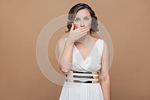 Woman with big eyes closed mouth