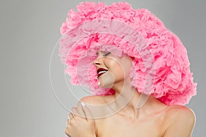 Woman Big Hat and Lips. Model wearing Fabric with lace ruffles hat. High Fashion Model fabric crown or hairstyle