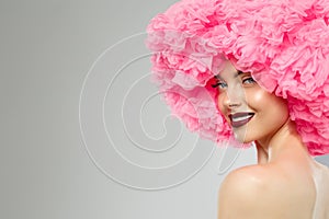 Woman Big Hat and Lips. Model wearing Fabric with lace ruffles hat. High Fashion Model fabric crown or hairstyle