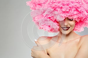 Woman Big Hat and Lips. Model wearing Fabric with lace ruffles hat. High Fashion Model fabric crown or hairstyle