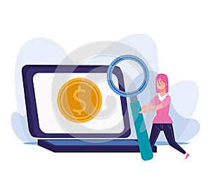 Woman with big magnifying glass and laptop computer with money coin