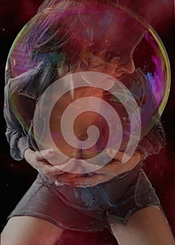 Woman with a big soap bubble Without making it burst Equilibrist