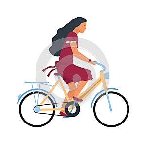 Woman on bike. Cartoon female character riding on bicycle. Profile view of young cute cyclist. Girl traveling around