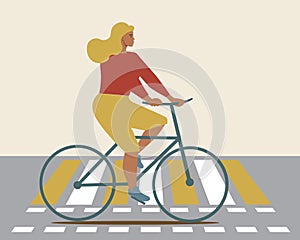 Woman on a bike on a crosswalk, flat vector stock illustration with a cyclist on a bike lane, a crosswalk in the city as an eco-