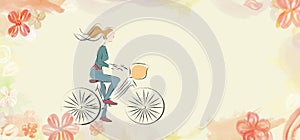 Woman on a bike on flower background