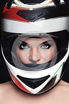 Woman in biker helmet