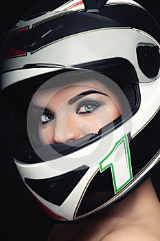 Woman in biker helmet