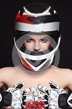 Woman in biker helmet