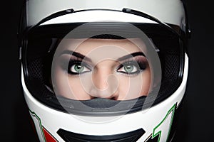 Woman in biker helmet