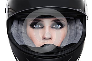 Woman in biker helmet