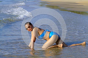 Woman and bikini blue sexy relax with wave at beach