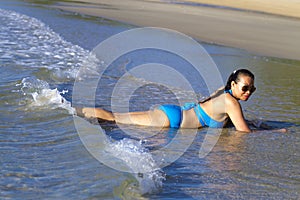 Woman and bikini blue show enjoy relax at the beach