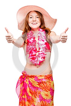 Woman in bikini, hat and floral Hawaiian Lei showing thumbs up