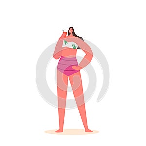 Woman in Bikini Holding Glass with Cocktail Isolated on White Background. Female Character Spend Time at Poolside