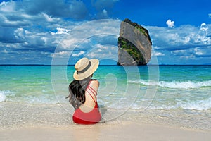 Woman in bikini on Poda island, Thailand. photo