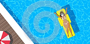 Woman in bikini and protective mask in swimming pool top view tourism and travel global crisis vector