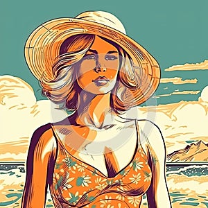 A woman in a bikini stands on a beach