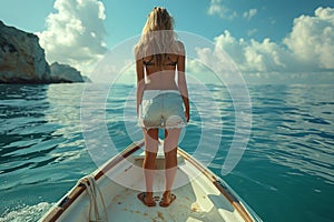 A woman in a bikini stands on a boat in the ocean, surrounded by water and sky