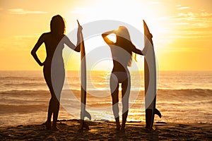 Woman Bikini Surfer Girls & Surfboards Sunset Beach