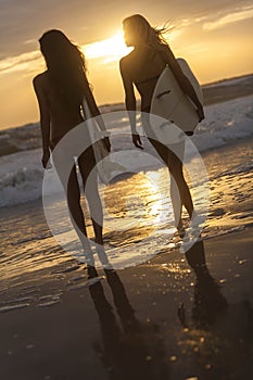 Woman Bikini Surfer Girls & Surfboards Sunset Beach