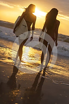 Woman Bikini Surfer Girls & Surfboards Sunset Beach