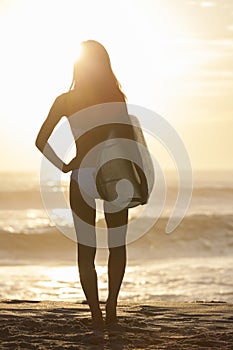 Woman Bikini Surfer & Surfboard Sunset Beach