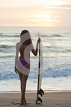 Woman Bikini Surfer & Surfboard Sunset Beach