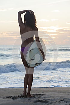 Woman Bikini Surfer & Surfboard Sunset Beach