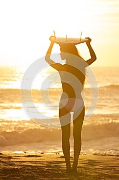 Woman Bikini Surfer & Surfboard Sunset Beach