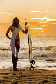 Woman Bikini Surfer & Surfboard Sunset Beach