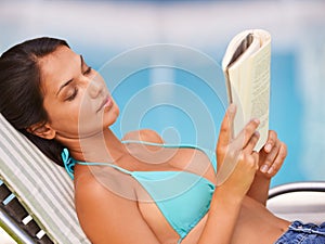 Woman, bikini and swimming pool relax or reading book for holiday vacation at hotel accommodation, summer or resting